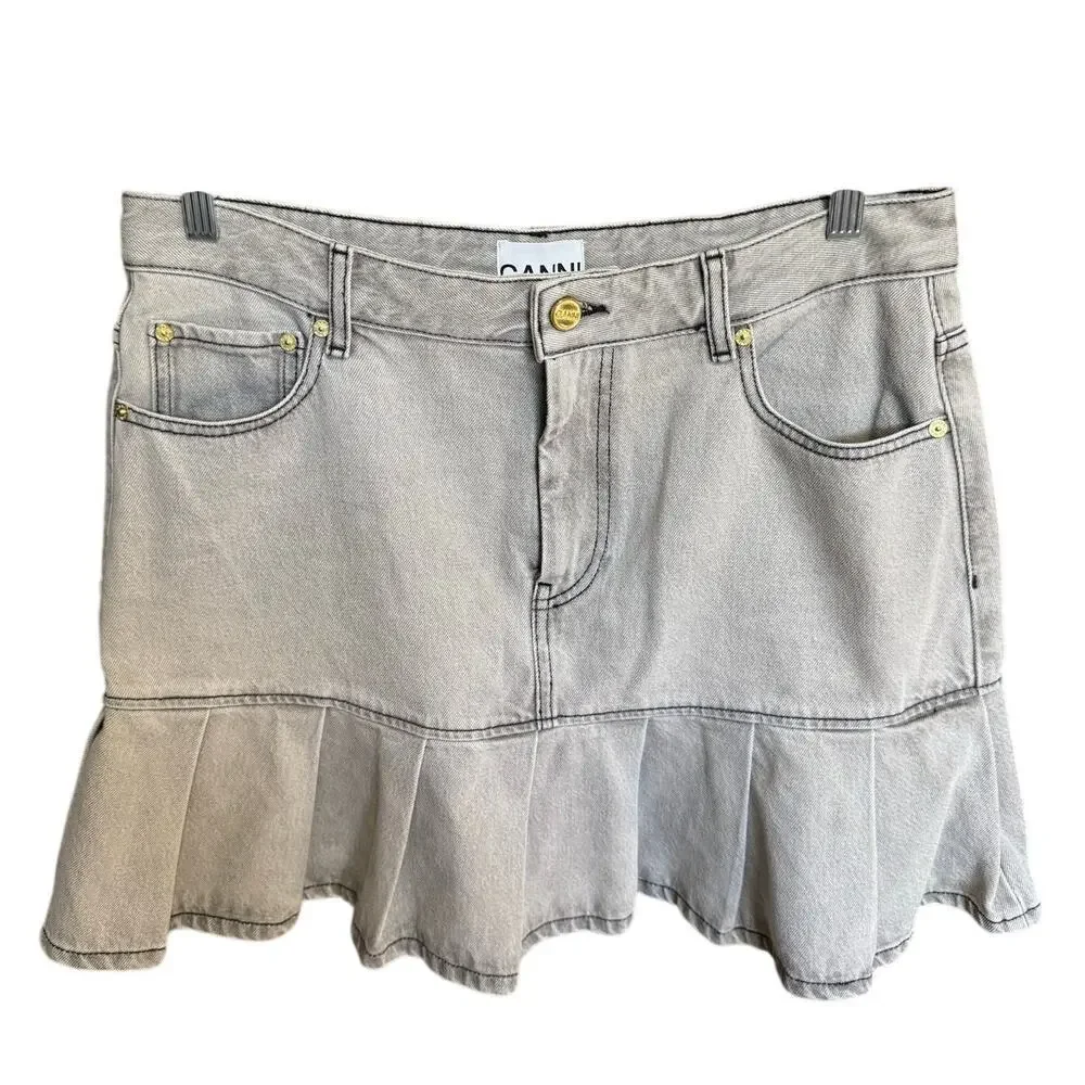 Ganni Future Denim Pleated Mini Skirt Gray Wash EU Size 40 / US Size 8